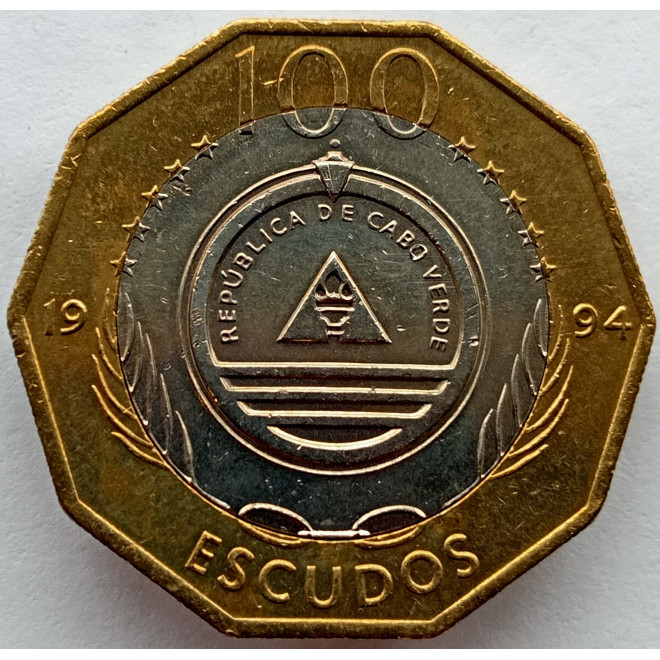 Rewers monety Wyspy Zielonego Przylądka 100 Eskudo 1994 Statki Madalan /jasny pierścień/