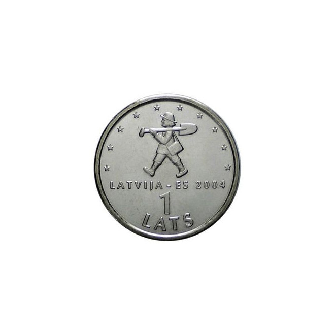 Rewers monety Łotwa 1 Łat 2004 Spriditis z łopatą