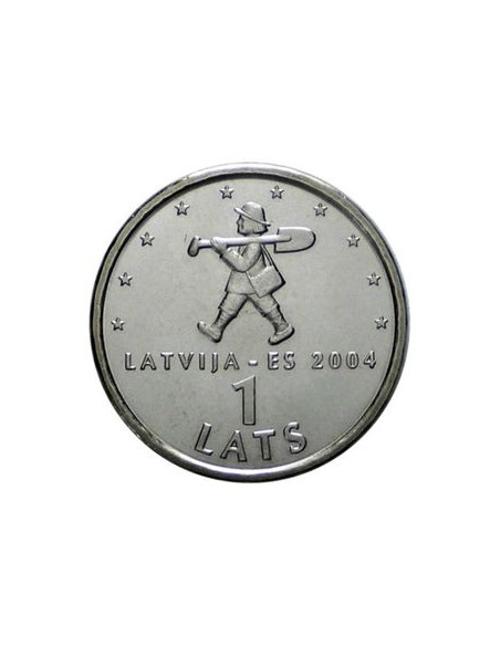 Rewers monety Łotwa 1 Łat 2004 Spriditis z łopatą