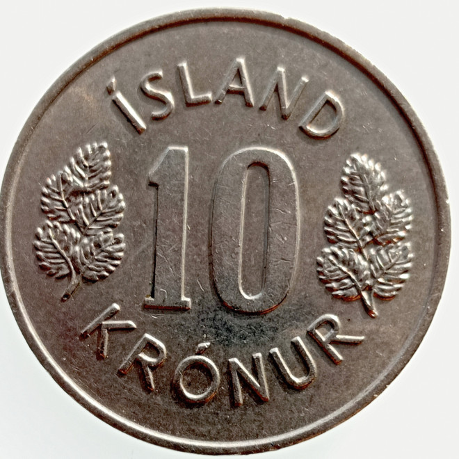 Rewers monety Islandia 10 Koron 1977 herb