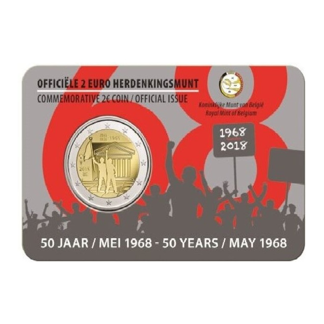 Awers monety Belgia 2 euro 2018 50 rocznica buntu studenckiego z maja 1968 r. wersja niderlandzka