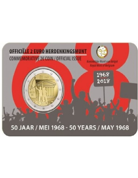 Awers monety Belgia 2 euro 2018 50 rocznica buntu studenckiego z maja 1968 r. wersja niderlandzka