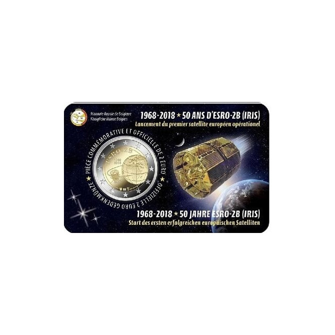 Awers monety Belgia 2 euro 2018 50 rocznica wystrzelenia satelity ESRO2B wersja francuska