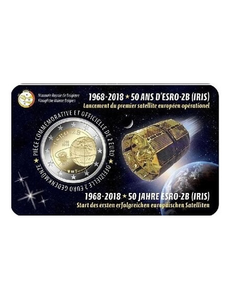Awers monety Belgia 2 euro 2018 50 rocznica wystrzelenia satelity ESRO2B wersja francuska