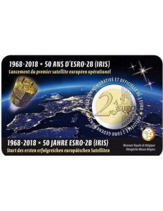 Awers monety Belgia 2 euro 2018 50 rocznica wystrzelenia satelity ESRO2B wersja francuska 2