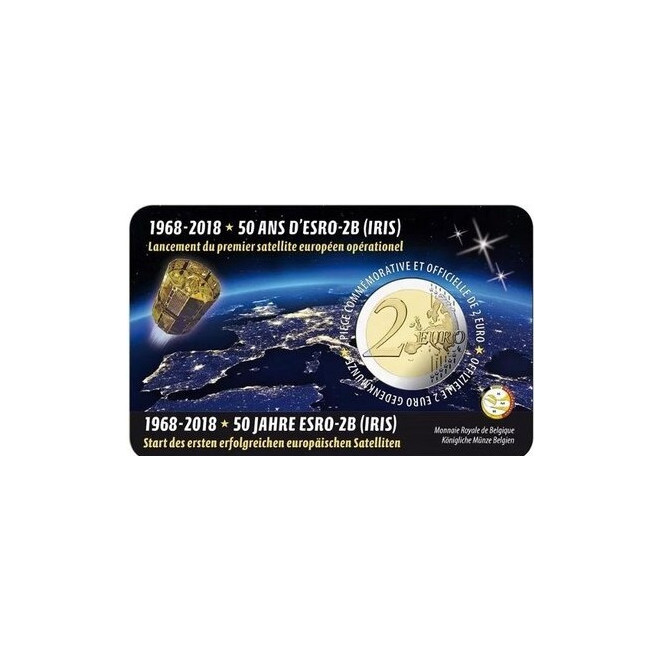 Rewers monety Belgia 2 euro 2018 50 rocznica wystrzelenia satelity ESRO2B wersja francuska