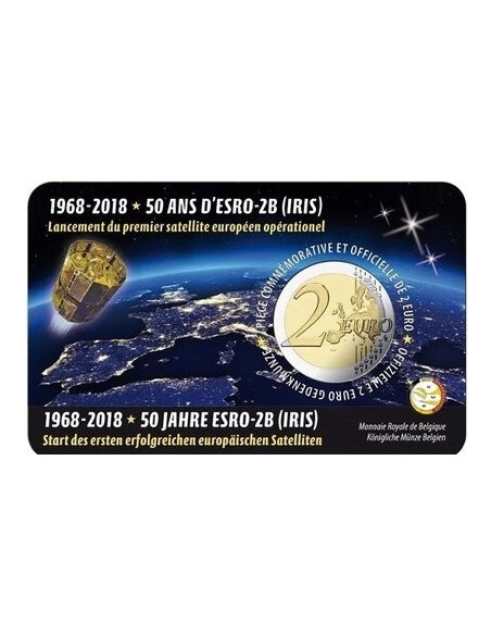 Rewers monety Belgia 2 euro 2018 50 rocznica wystrzelenia satelity ESRO2B wersja francuska