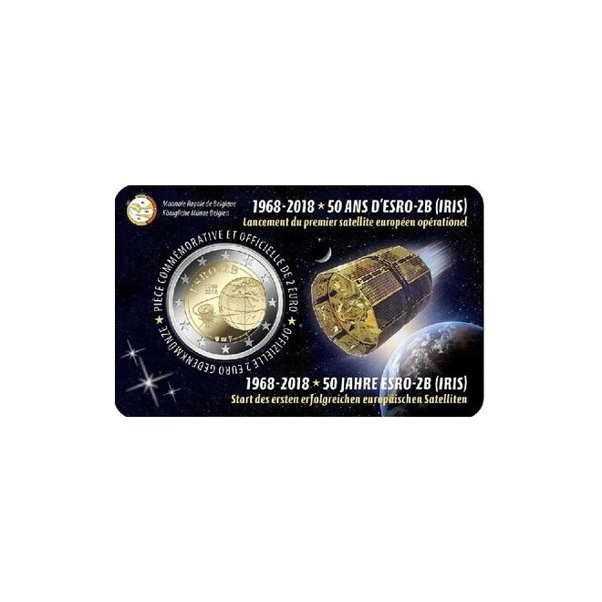 Awers monety Belgia 2 euro 2018 50 rocznica wystrzelenia satelity ESRO2B wersja niderlandzka