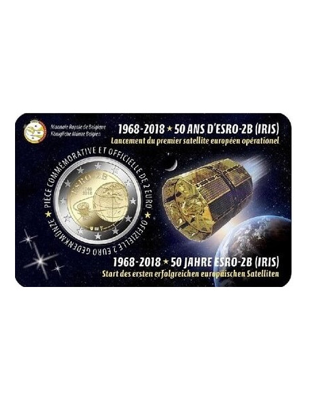 Awers monety Belgia 2 euro 2018 50 rocznica wystrzelenia satelity ESRO2B wersja niderlandzka