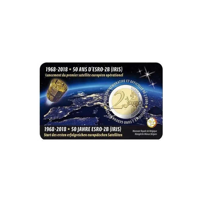 Rewers monety Belgia 2 euro 2018 50 rocznica wystrzelenia satelity ESRO2B wersja niderlandzka