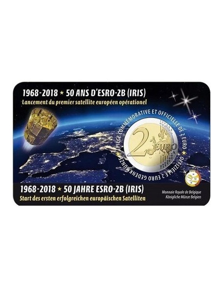 Rewers monety Belgia 2 euro 2018 50 rocznica wystrzelenia satelity ESRO2B wersja niderlandzka