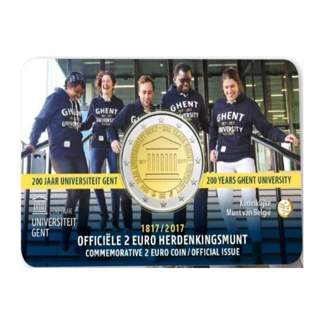 Awers monety Belgia 2 euro 2017 200 lat istnienia uniwersytetu w Gandawie wersja francuska