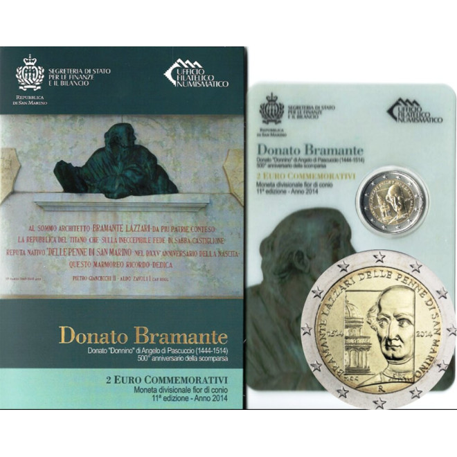 Rewers monety San Marino 2 euro 2014 500 rocznica śmierci Donata Bramantego