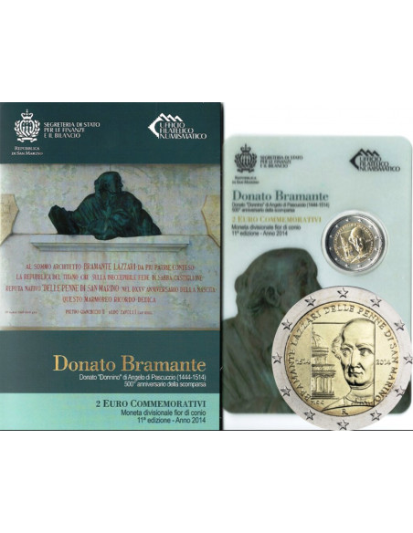 Rewers monety San Marino 2 euro 2014 500 rocznica śmierci Donata Bramantego