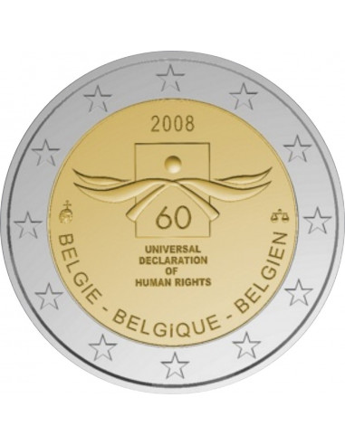 Awers monety 2 euro 2008 60lecie powstania Powszechnej Deklaracji Praw Człowieka Belgia