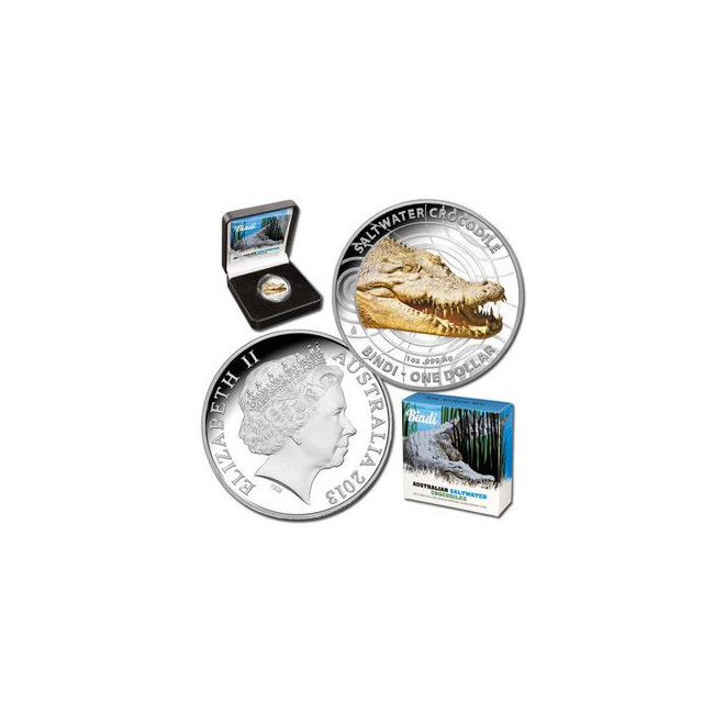 Rewers monety Australia 1 Dolar 2013 Krokodyl morski Bindi Kolorowana