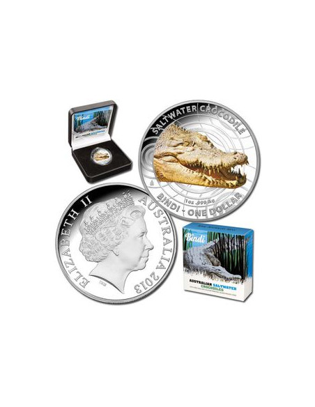 Rewers monety Australia 1 Dolar 2013 Krokodyl morski Bindi Kolorowana