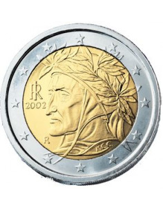 Awers monety Włochy 2 euro 2002 Portret Dantego Alighieri autorstwa malarza Raphaela