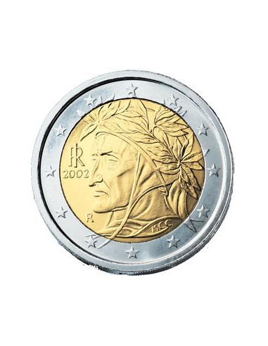 Awers monety Włochy 2 euro 2002 Portret Dantego Alighieri autorstwa malarza Raphaela