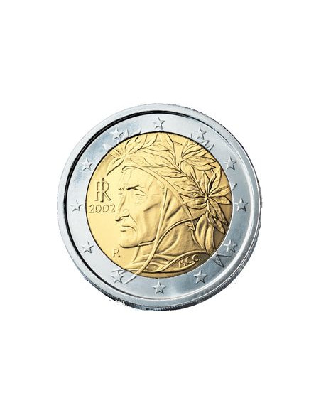 Awers monety Włochy 2 euro 2002 Portret Dantego Alighieri autorstwa malarza Raphaela