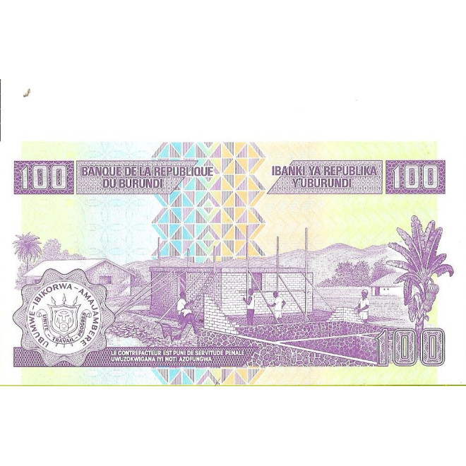 Tył banknotu Burundi 100 Franków 2011 UNC