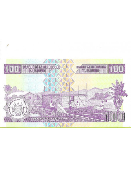 Tył banknotu Burundi 100 Franków 2011 UNC