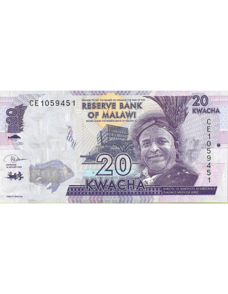 Przód banknotu Malawi 20 Kwacha 2020 UNC