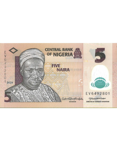 Przód banknotu Nigeria 5 Naria 2020 UNC
