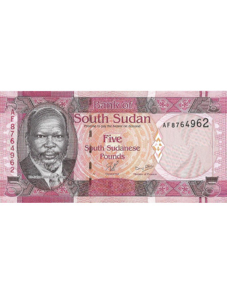 Przód banknotu Sudan Południowy 5 Funtów 2011 UNC