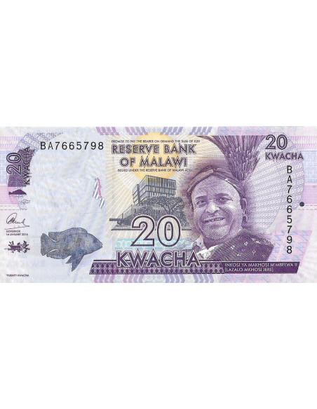 Przód banknotu Malawi 20 Kwacha 2016 UNC