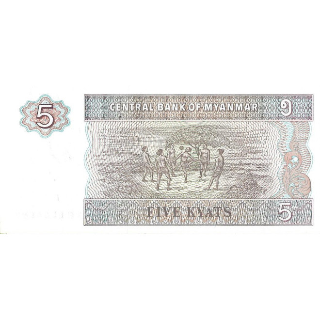 Tył banknotu Birma 5 Kiat 1997 UNC
