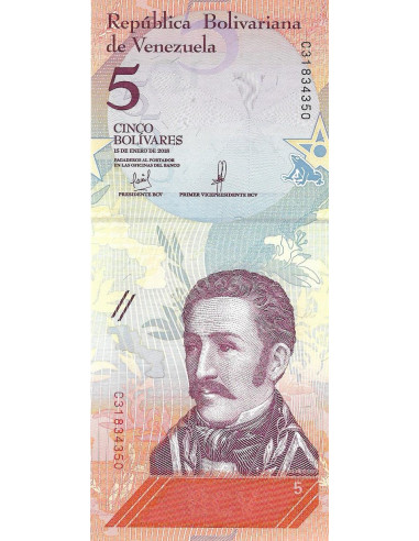 Przód banknotu Wenezuela 5 Bolivar 2018 UNC