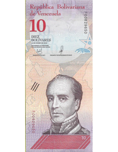 Przód banknotu Wenezuela 10 Bolivar 2018 UNC