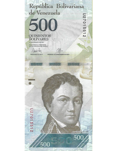 Przód banknotu Wenezuela 500 Bolivar 2017 UNC
