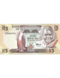 Przód banknotu Zambia 5 Kwacha 1986 UNC
