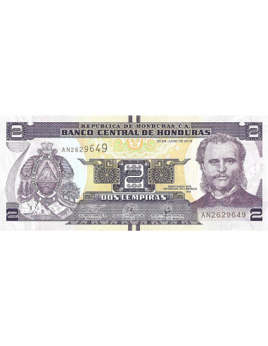 Przód banknotu Honduras 2 Lempira 2019 UNC