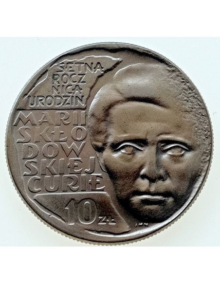 Awers monety 10 Złotych 1967 100 rocznica urodzin Maria Skłodowska Curie