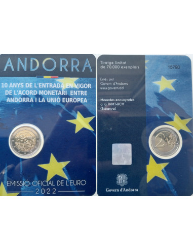 Awers monety Andora 2 euro 2022 10. rocznica układu monetarnego między Andorą a Unią Europejską