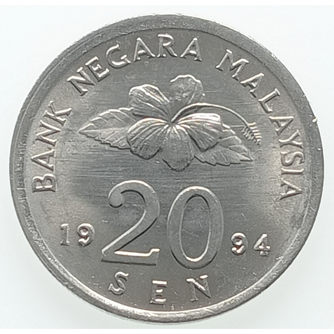 Rewers monety Malezja 20 Sen 1994