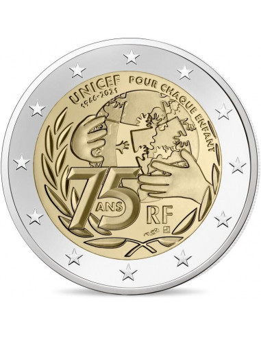Awers monety 2 euro 2021 75lecie założenia UNICEF