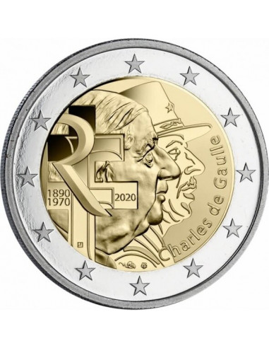 Awers monety 2 euro 2020 Generał Charles de Gaulle
