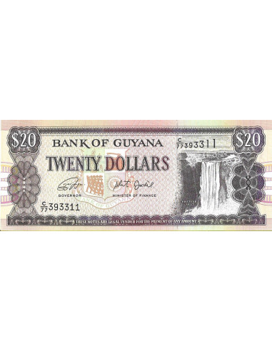 Przód banknotu Gujana 20 Dolarów 2018 UNC