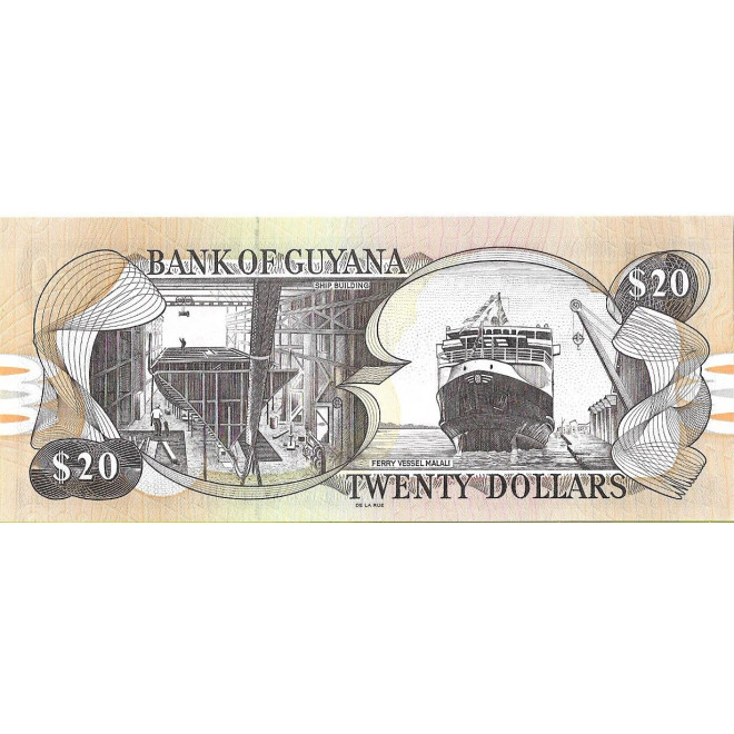 Tył banknotu Gujana 20 Dolarów 2018 UNC
