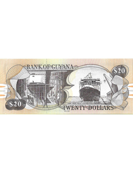 Tył banknotu Gujana 20 Dolarów 2018 UNC