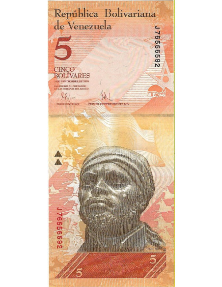 Przód banknotu Wenezuela 5 Bolivar 2009 UNC