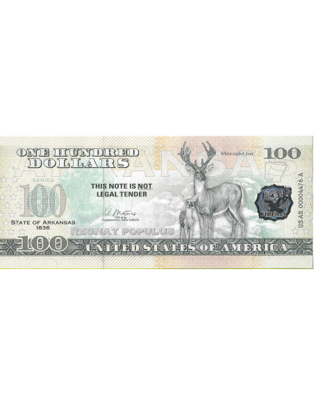 Przód banknotu USA 100 Dolarów 2022 Arkansas Commemorative Dollar