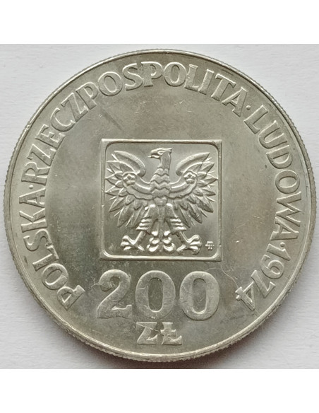 Rewers monety 200 Złotych 1974 30lecie Polskiej Rzeczypospolitej Ludowej
