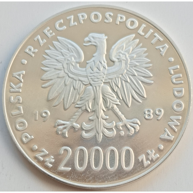 Rewers monety 20 000 Złotych 1989 XIV Mistrzostwa Świata w Piłce Nożne