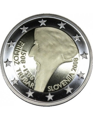 Awers monety Słowenia 2 euro 2008 500 rocznica urodzin Primoža Trubara