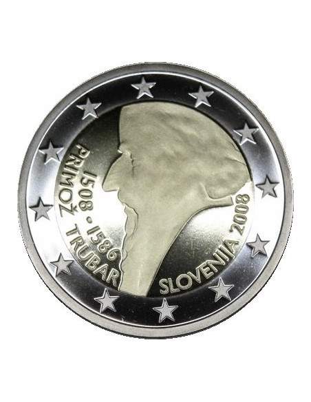 Awers monety Słowenia 2 euro 2008 500 rocznica urodzin Primoža Trubara